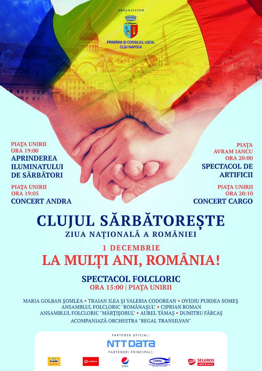 Programul Zilei de 1 Decembrie la Cluj-Napoca include concerte cu Andra și Cargo
