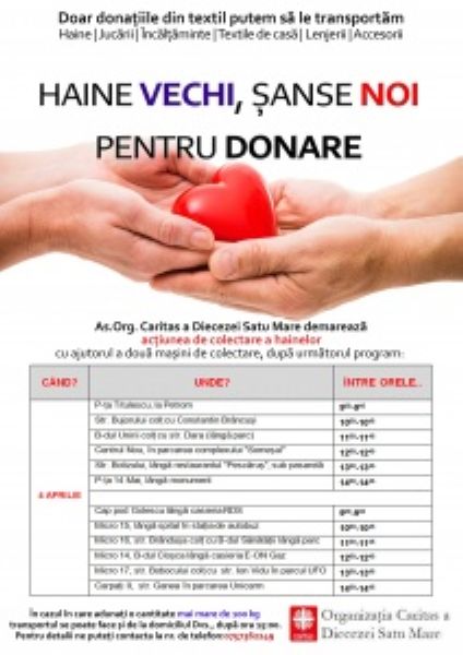 Caritas organizează acțiunea „Haine vechi, șanse noi pentru donare!”