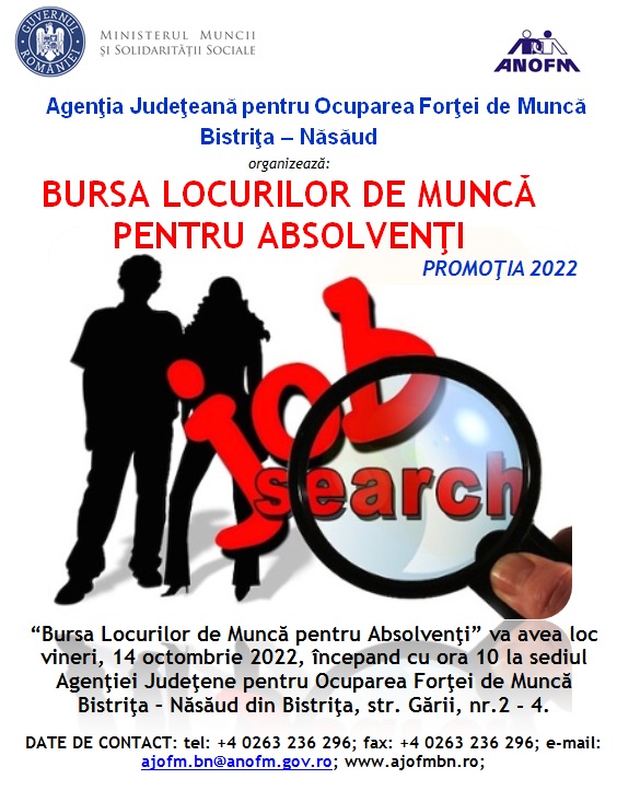 Bursa locurilor de muncă pentru absolvenţi, promoția 2022 (Bistrița, 14 octombrie)