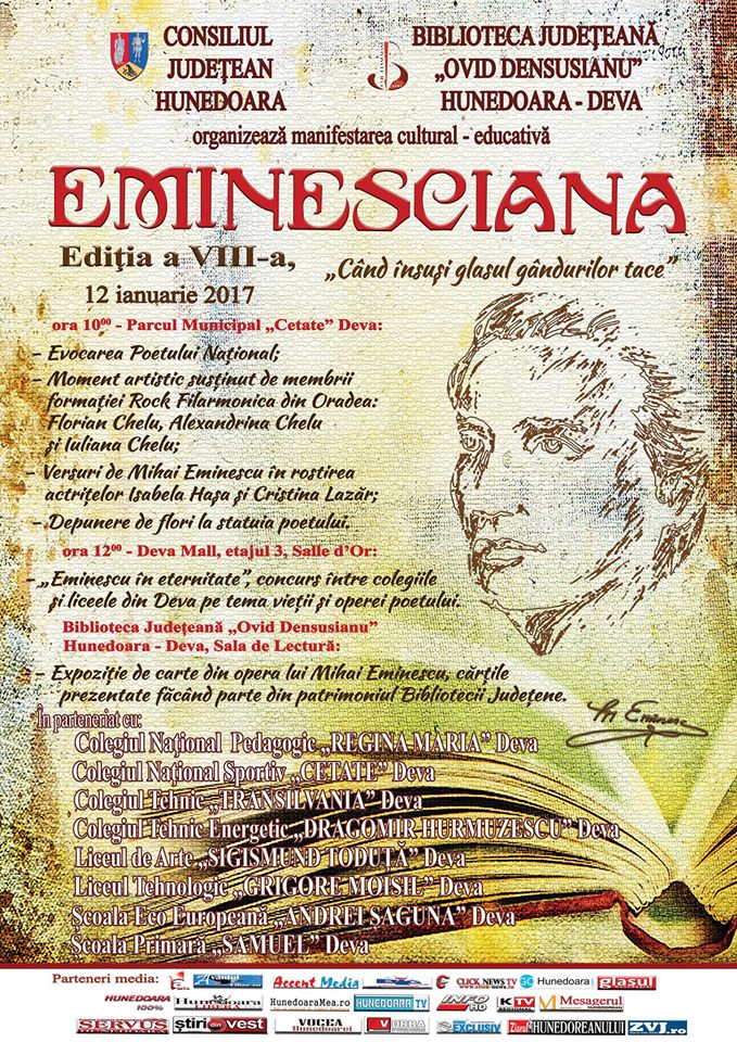 Eminesciana – manifestare culturală organizată în Parcul Cetății din Deva (12 ianuarie)