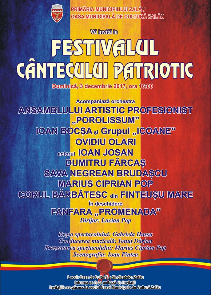 Municipiul Zalău găzduiește Festivalul Cântecului Patriotic (duminică, 3 decembrie)