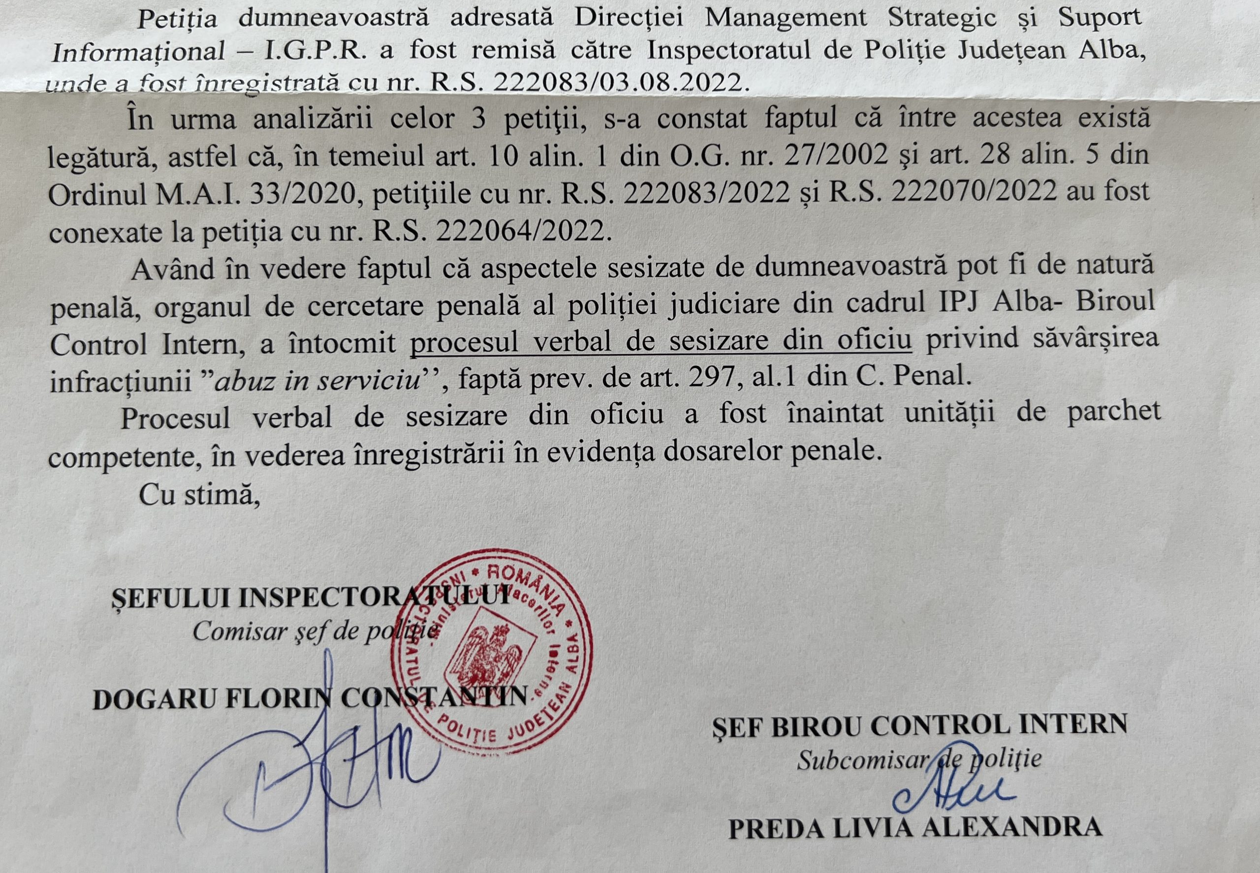 Ag. Sef Boca Adrian, de la Politia Sebes, cercetat penal pentru abuz in serviciu, dupa ce a amendat abuziv un localnic care a reclamat galagia dintr-un cartier din oras!
