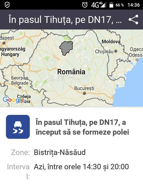 Circulație îngreunată în Pasul Tihuța, din cauza poleiului