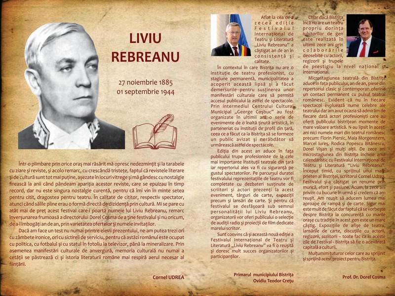 Programul Festivalului de Teatru şi Literatură ,,Liviu Rebreanu”, ediţia a X-a