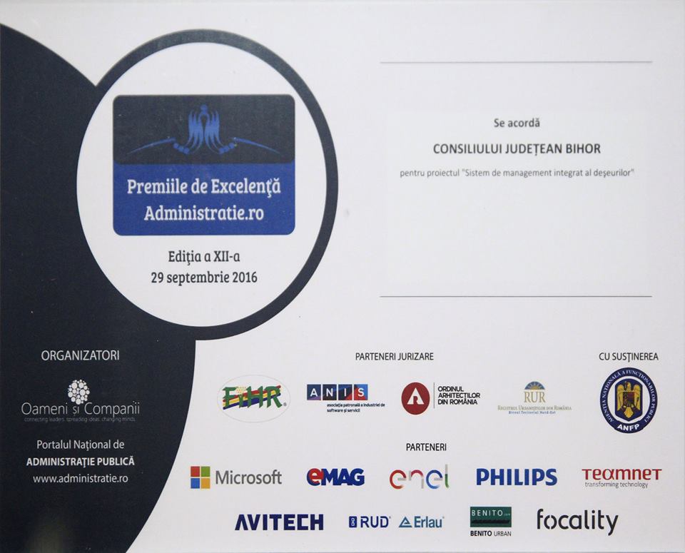 Consiliului Județean Bihor i s-a conferit Premiul de Excelență în Administrație