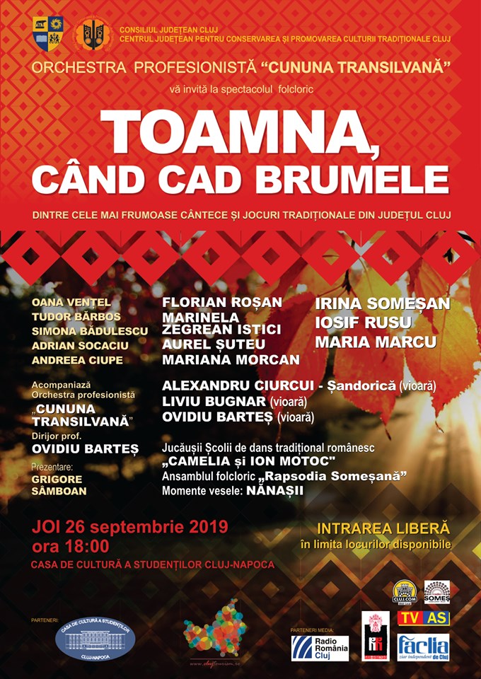 ,,Toamna, când cad brumele”, spectacol de folclor, dedicat muzicii și jocului tradițional din județul Cluj
