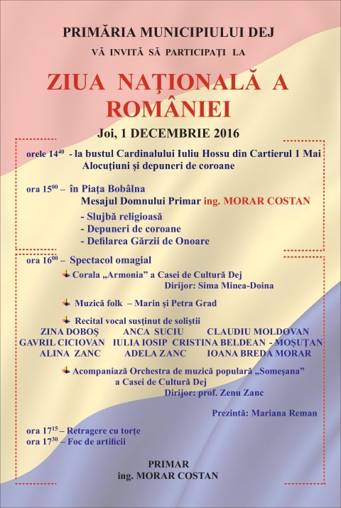 Ziua Naţională a României va fi sărbătorită și la Dej. Vezi programul manifestărilor
