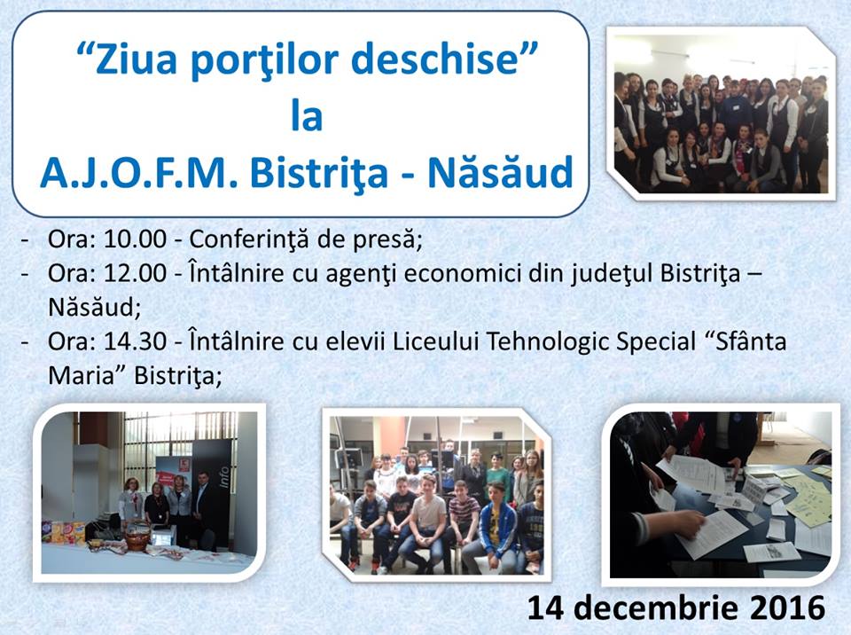 “Ziua porţilor deschise” la AJOFM Bistriţa–Năsăud (miercuri, 14 decembrie)