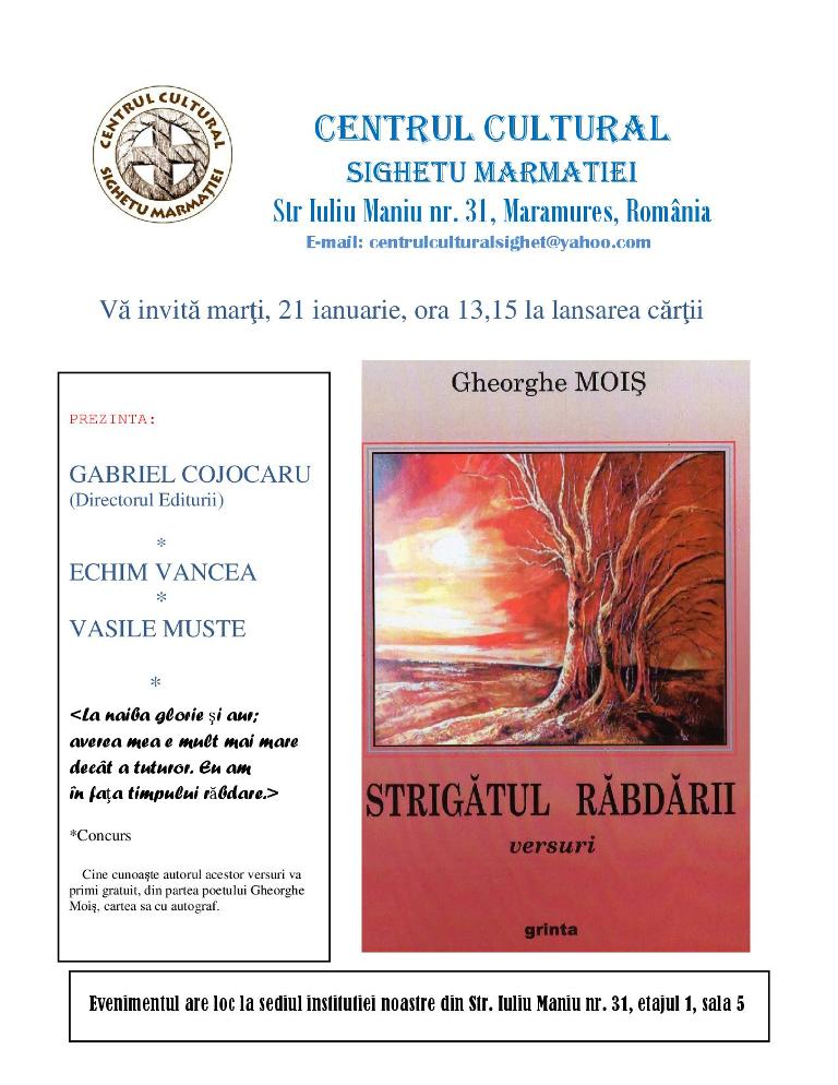 Două lansări de carte la Centrul Cultural Sighetu Marmației, marți 21 ianuarie