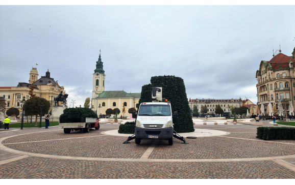A început montarea bradului de Crăciun în Piața Unirii din Oradea