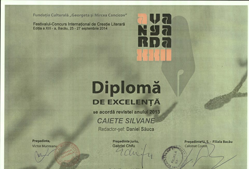„Caiete Silvane”, revista anului 2013 la Festivalul „Avangarda XXII” – Bacău