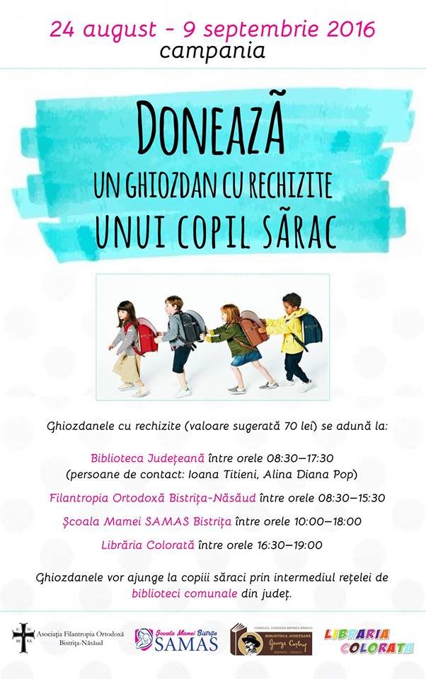 Campanie lansată de Biblioteca Județeană Bistrița-Năsăud: „Donează un ghiozdan cu rechizite unui copil sărac!”