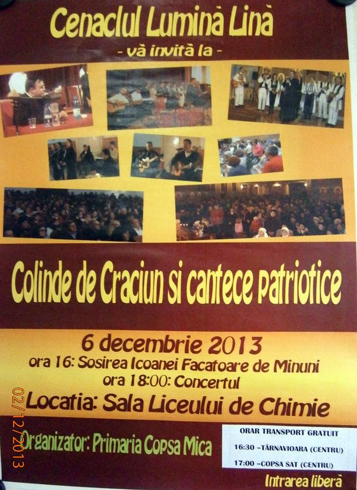 Iluminatul festiv va fi aprins azi în Copșa Mică, la finalul unui concert de colinde și cântece patriotice