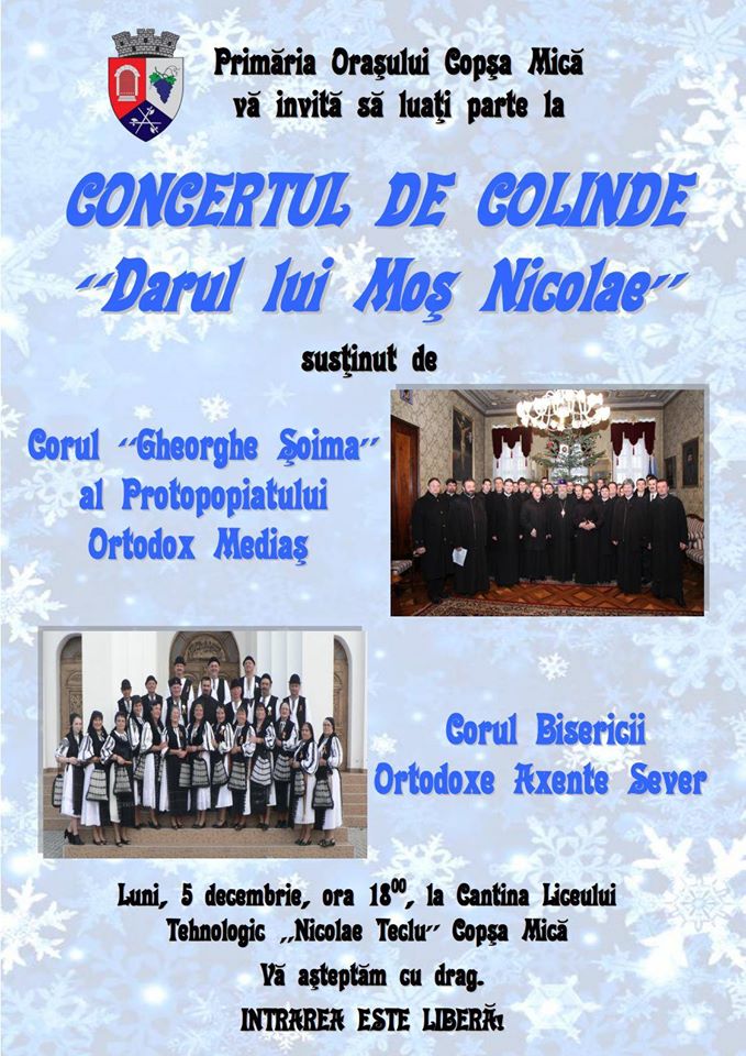 Concert de colinde “Darul lui Moş Nicolae”, azi la Copșa Mică
