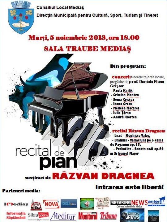 Mediaș: Concert de pian susținut de Răzvan Victor Dragnea
