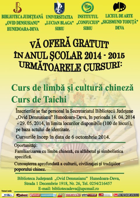 Deva: Înscrieri la cursuri de limba și cultura chineză și cursuri de Taichi (14 aprilie – 29 mai)