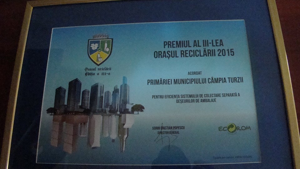 Municipiul Câmpia Turzii a obţinut locul al III-lea la competiţia “ORAŞUL RECICLĂRII” 2015