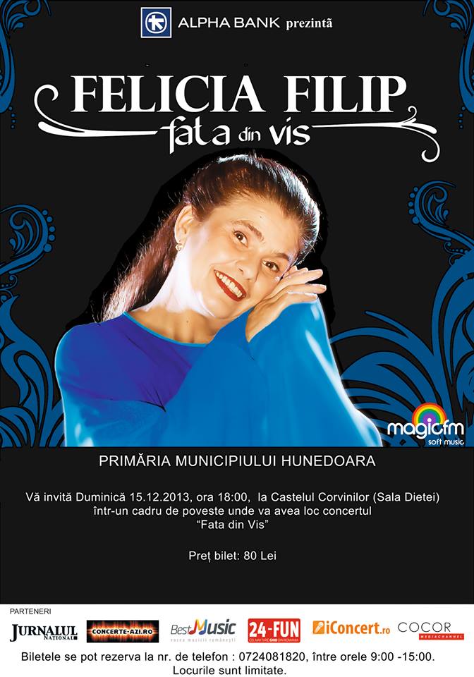 Felicia Filip concertează la Hunedoara, duminică 15 decembrie