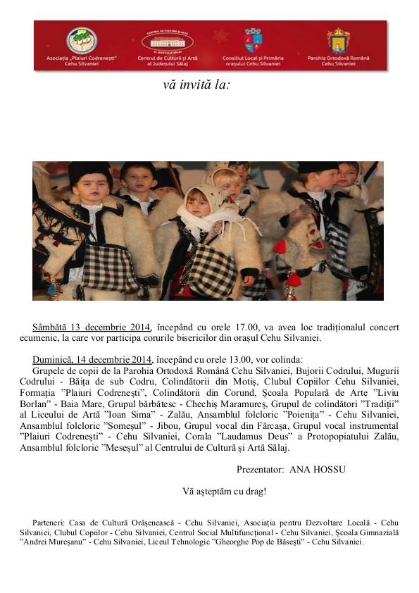 Festival de colinde la Cehu Silvaniei (13-14 decembrie)