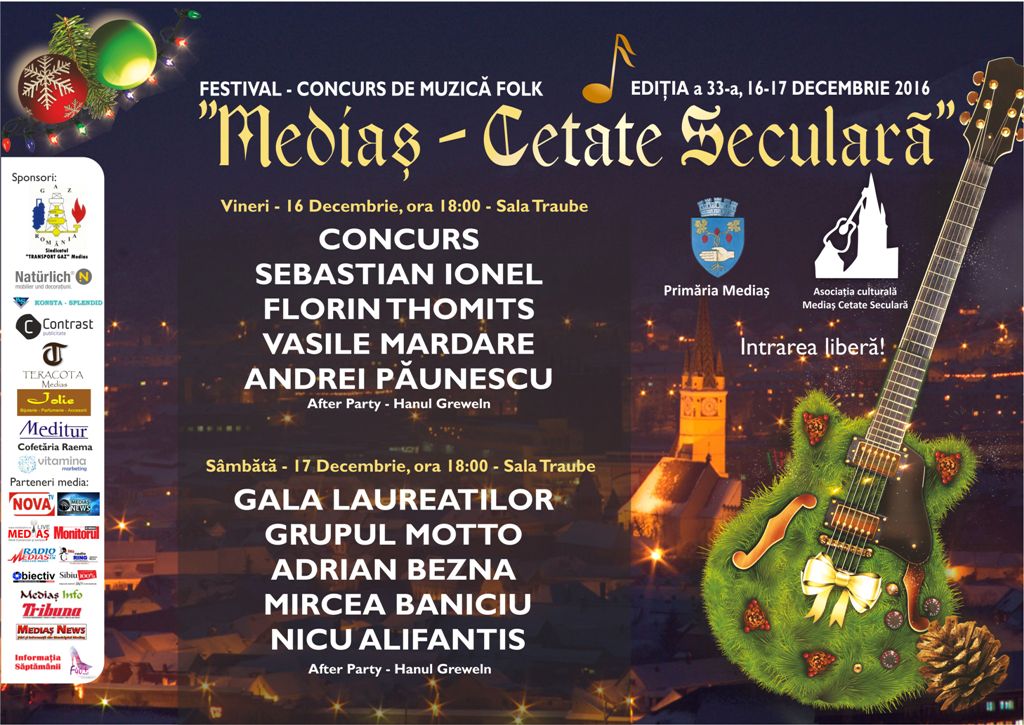 Festivalul-concurs de muzica folk „Mediaș-Cetate Seculara“ va avea loc în perioada 16-17 decembrie