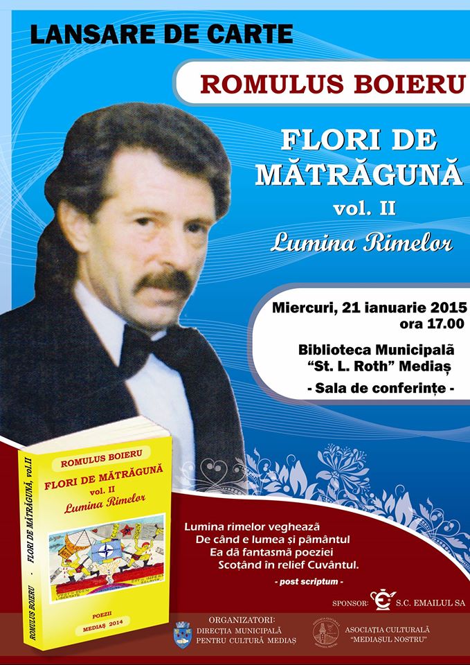 Mediaș: Lansarea celui de-al II-lea volum de poezii “FLORI DE MĂTRĂGUNĂ”