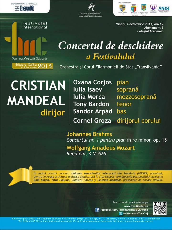 Festivalul „Toamna Muzicală Clujeană” începe vineri 4 octombrie cu un concert de excepție