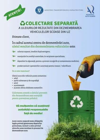 Registrul Auto Român se alătură campaniei de informare a Ministerului Transporturilor și Infrastructurii pentru creșterea gradului de colectare separată a uleiurilor uzate.