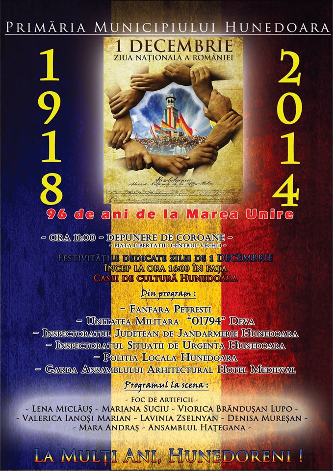 Programul evenimentelor organizate în Hunedoara de Ziua Națională a României